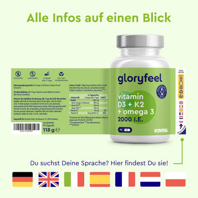 Vitamin D3 + K2 + Omega 3 Kapseln Sprachen